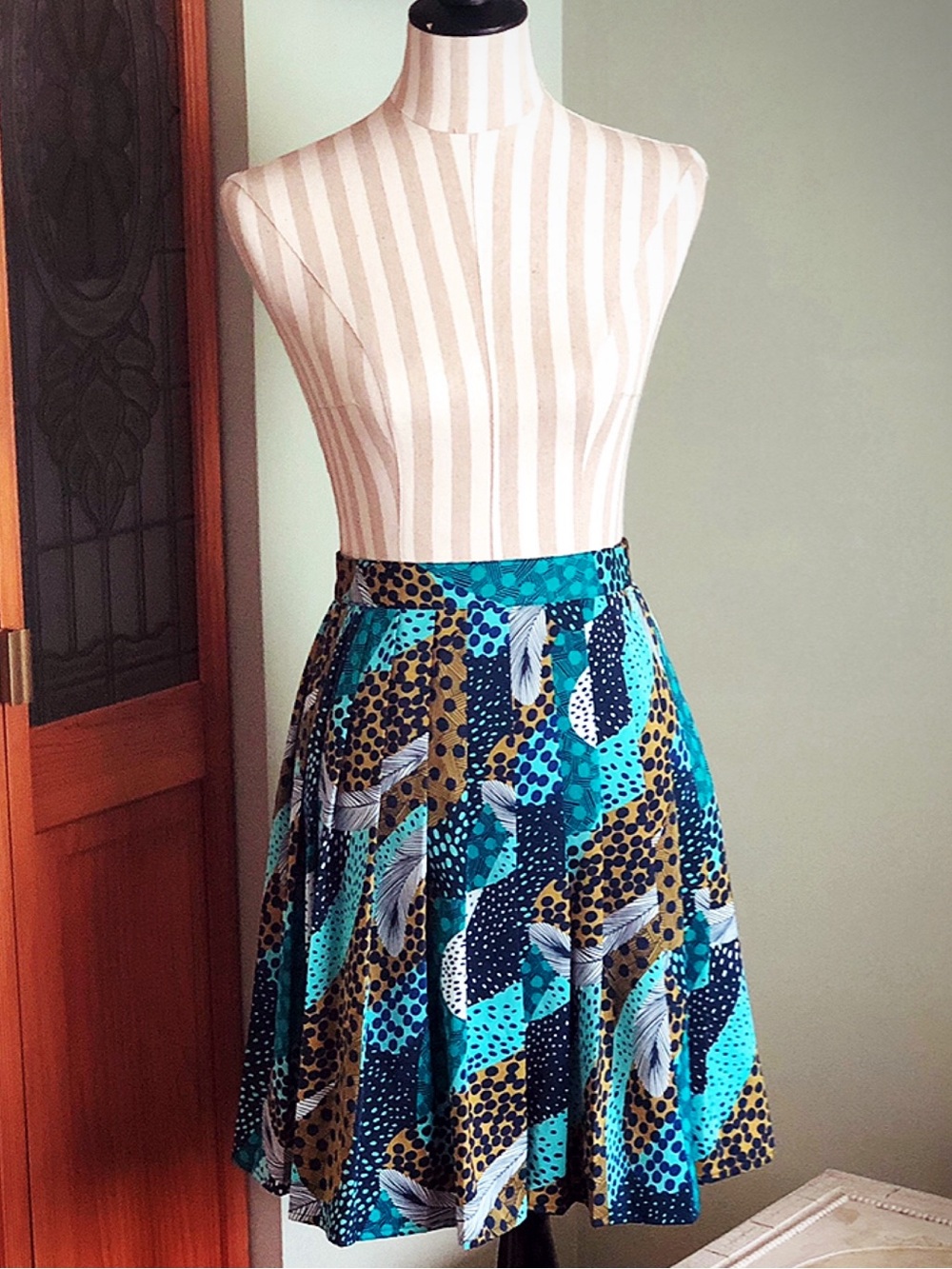 H&M Plated, Navy, Turquoise & Gold Abstract Print Circle Skirt
